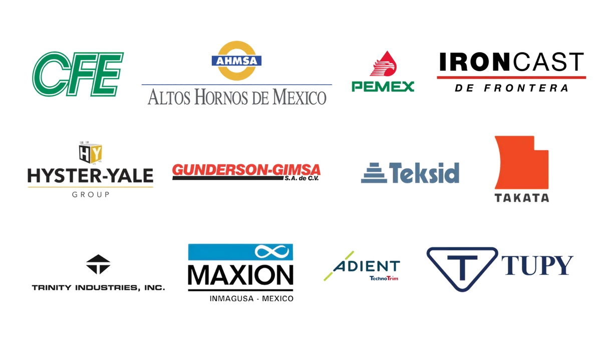 Logos of ProCONECT clients: CFE, AHMSA Altos Hornos de México, Pemex, Ironcast de Frontera, Hyster-Yale Group, Gunderson-Gimsa, Teksid, Takata, Trinity Industries, Maxion Inmagusa, Adient and Tupy