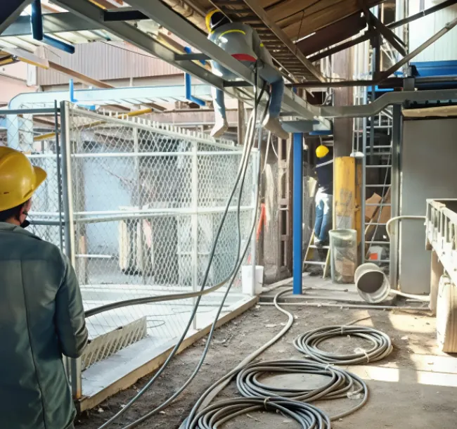 Técnicos con casco realizando una instalación eléctrica industrial con tubería y cable en planta
