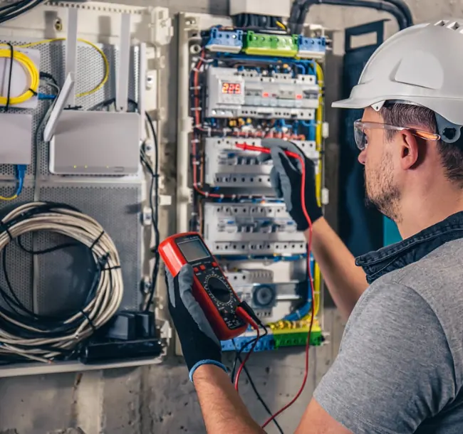 Technician in a hard hat measuring with a multimeter inside an electrical panel